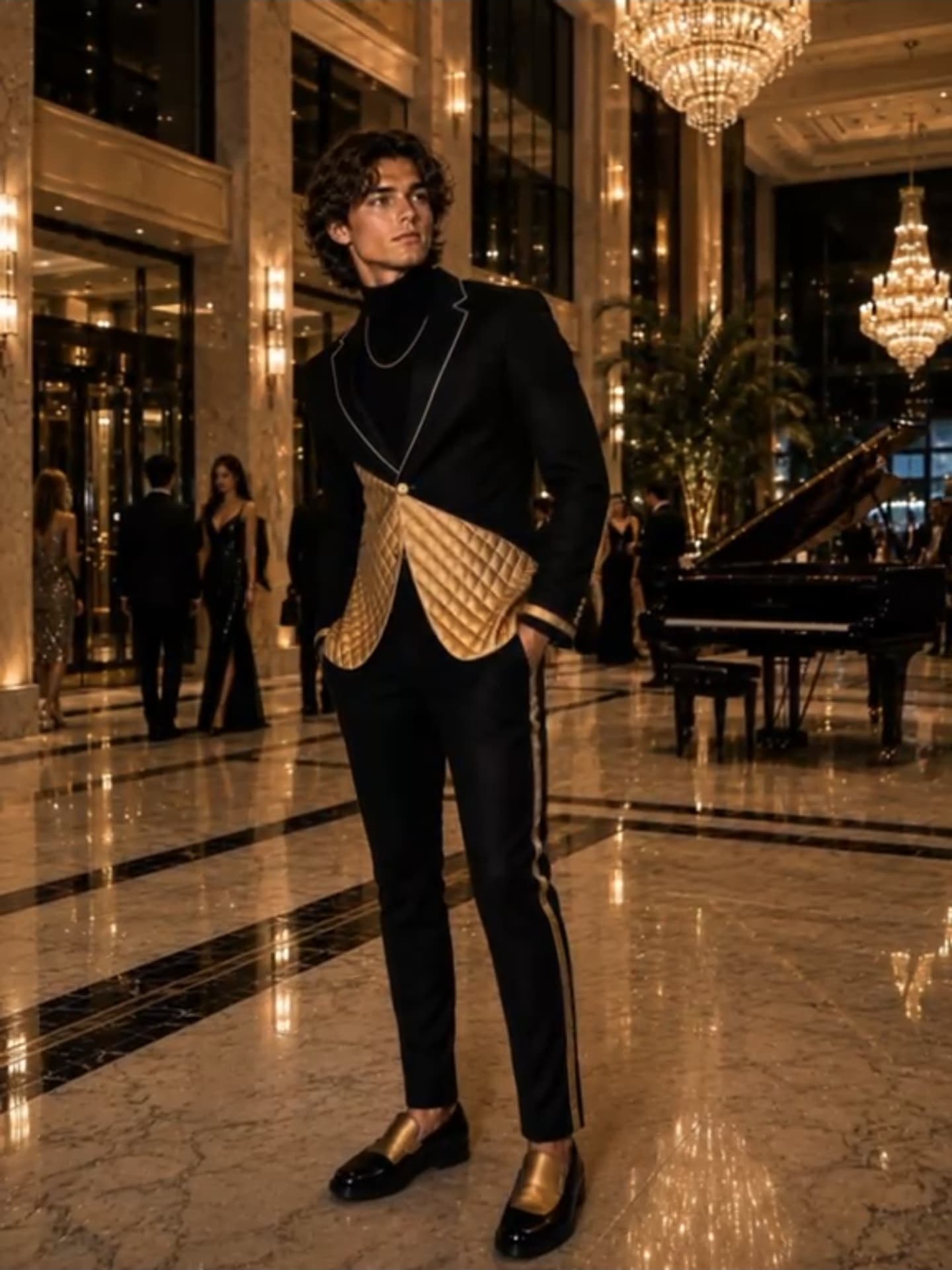 House of ATURAÈ — the black and gold quilted blazer, worn in a gilded lobby