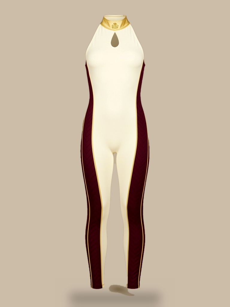 Women's Signature Bodysuit — ivory halter catsuit with quilted oxblood side panels, gold piping and a gold collar emblem