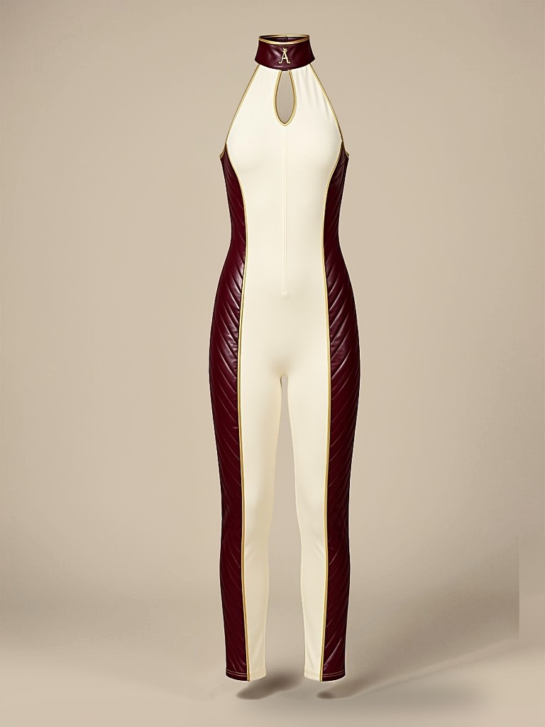 Women's Signature Bodysuit — ivory halter catsuit with chevron-quilted oxblood leather side panels, gold piping and a burgundy leather collar carrying a gold crowned-Æ crest