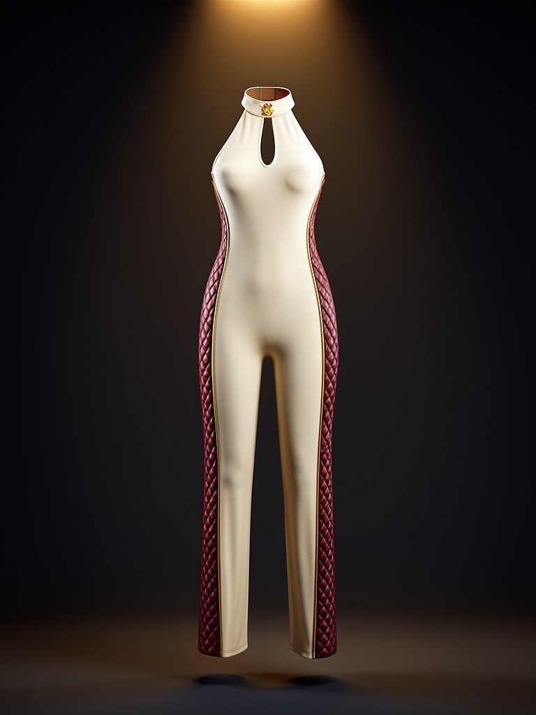 Women's Signature Bodysuit — ivory with quilted oxblood side panels and gold piping