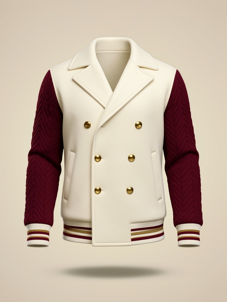 Tailored Peacoat / Varsity Hybrid — ivory wool double-breasted body with gold buttons, chevron-quilted oxblood sleeves and a red-and-gold varsity rib hem