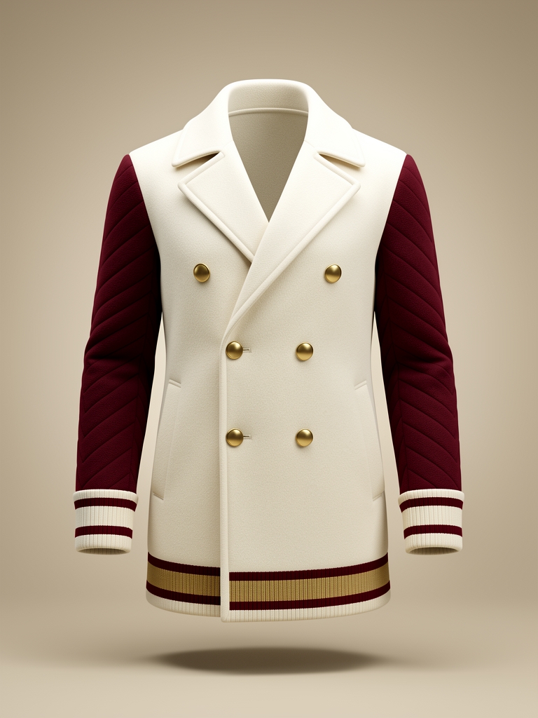 Tailored Peacoat / Varsity Hybrid — ivory wool double-breasted body with gold buttons, chevron-quilted oxblood sleeves and a red-and-gold varsity rib hem