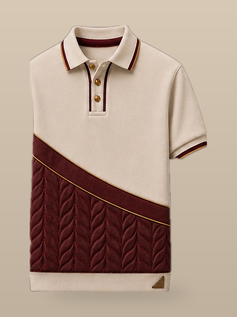 Signature Polo — cream ivory piqu&eacute; with an oxford-red cable-knit quilted panel on a gold-piped diagonal, ribbed collar tipped red and gold, gold buttons and a gold Æ emblem