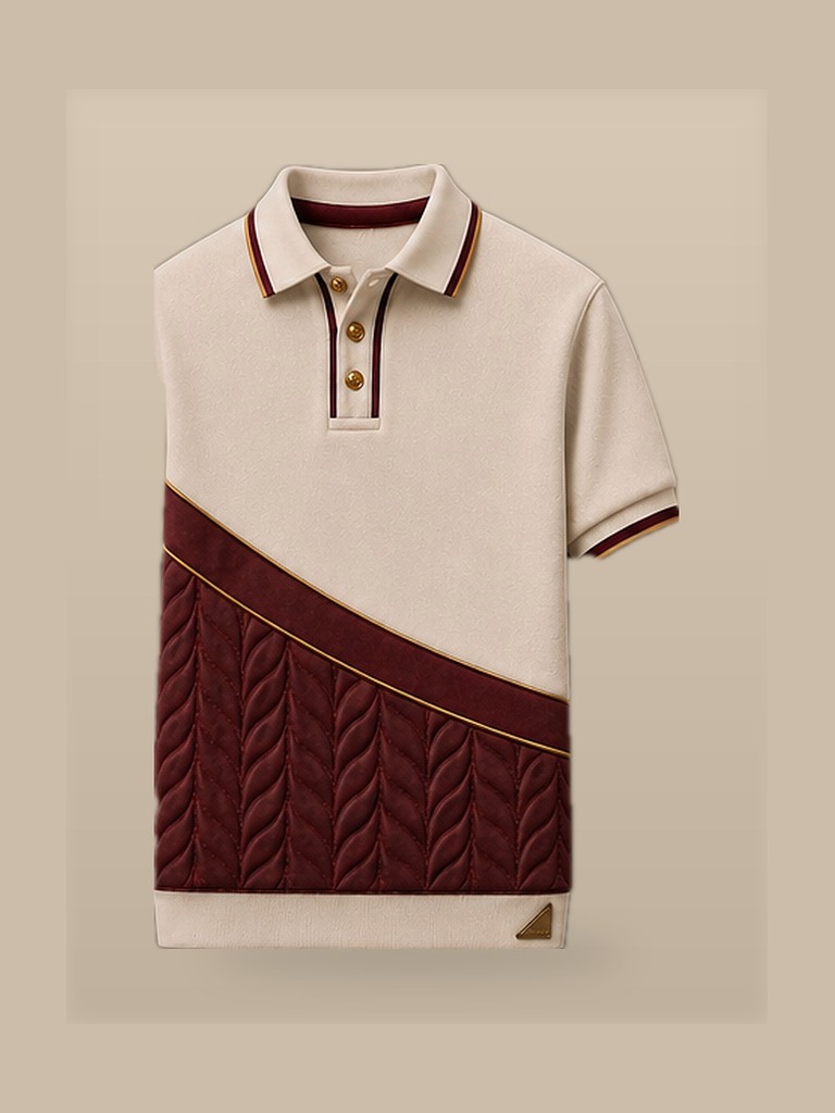 Signature Polo — cream ivory piqu&eacute; with an oxford-red cable-knit quilted panel on a gold-piped diagonal, ribbed collar tipped red and gold, gold buttons and a gold Æ emblem