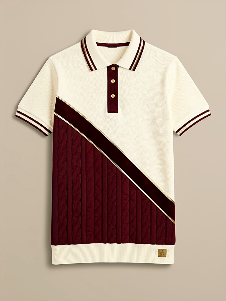 Signature Polo — cream ivory piqu&eacute; with an oxford-red cable-knit quilted panel on a gold-piped diagonal, ribbed collar tipped red and gold, gold buttons and a gold Æ emblem