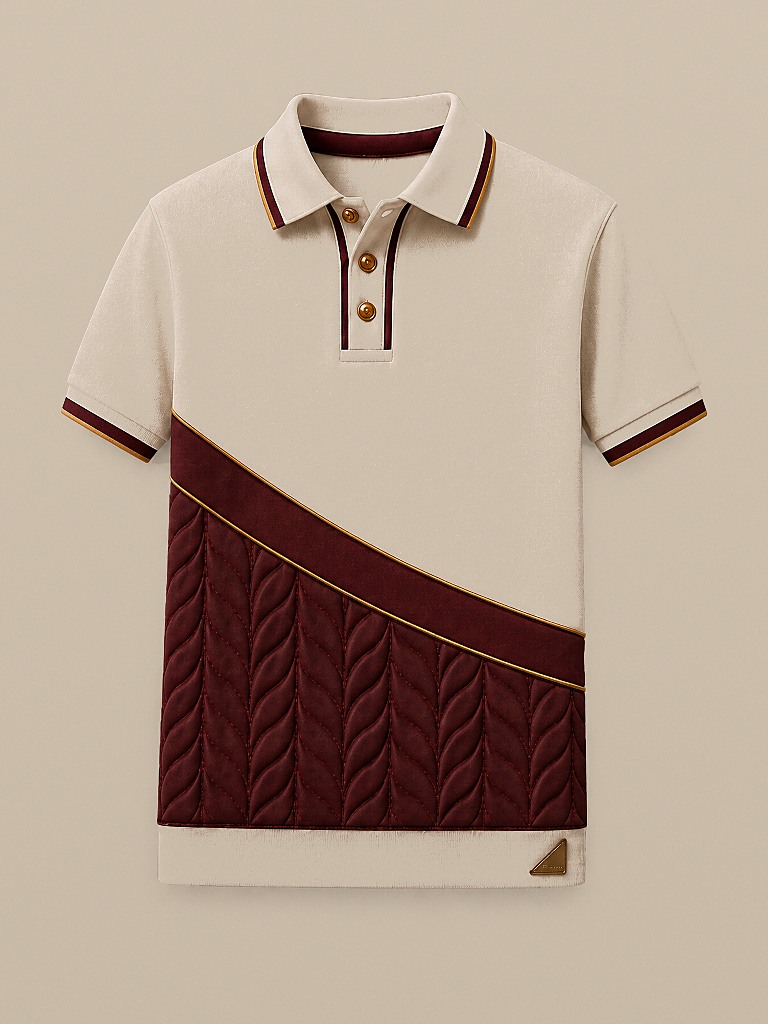 Signature Polo — cream ivory piqu&eacute; with an oxford-red cable-knit quilted panel on a gold-piped diagonal, ribbed collar tipped red and gold, gold buttons and a gold Æ emblem