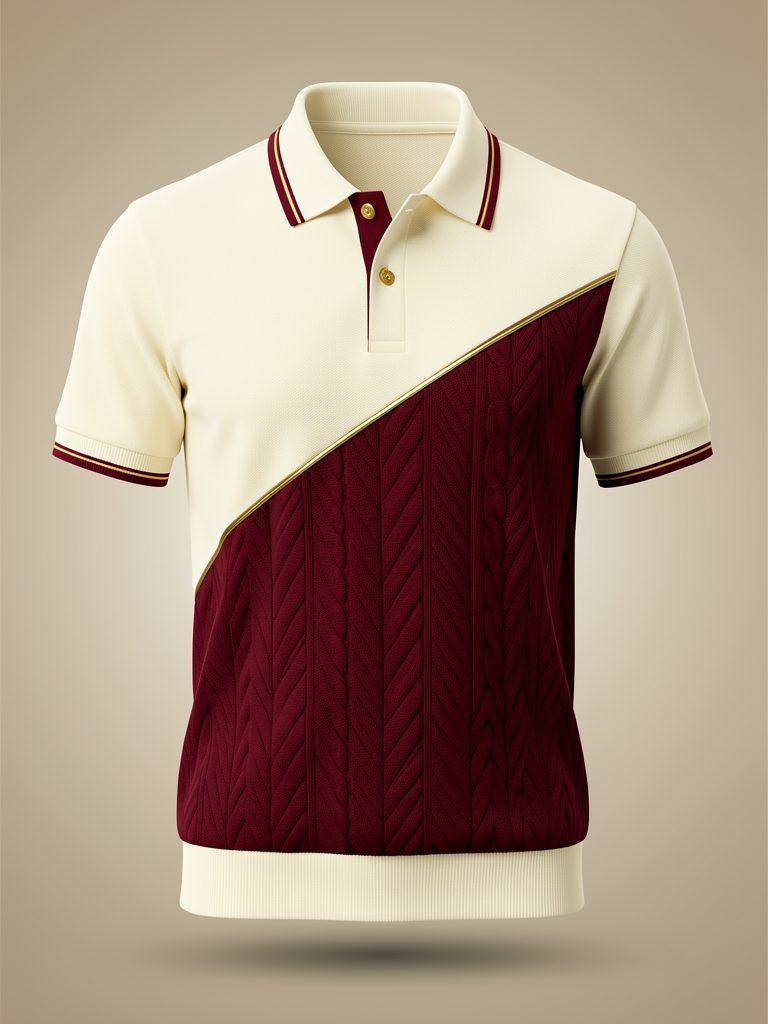 Signature Polo — cream ivory piqu&eacute; with an oxford-red quilted chevron panel on a gold-piped diagonal, ribbed collar tipped red and gold, gold buttons