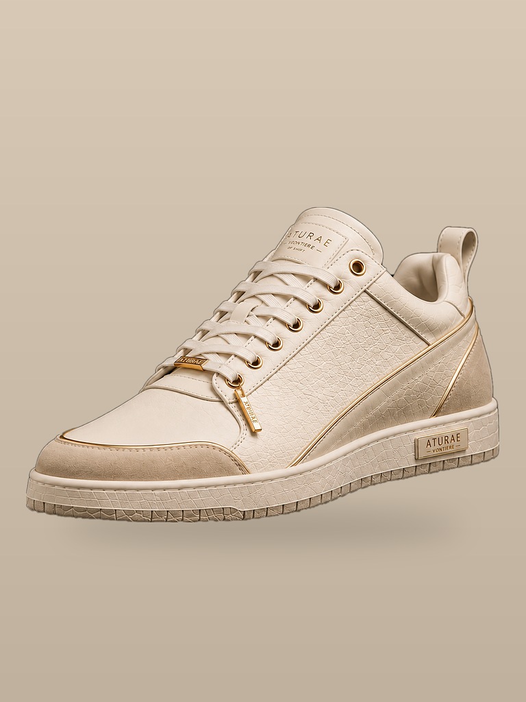 Luxury Sneaker — cream pebbled-leather low-top with gold eyelets, gold midsole trim and a gold engraved heel plate