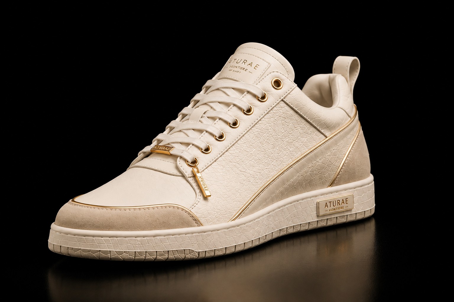 Luxury Sneaker — ivory leather low-top with gold eyelets, gold midsole trim and engraved heel plate