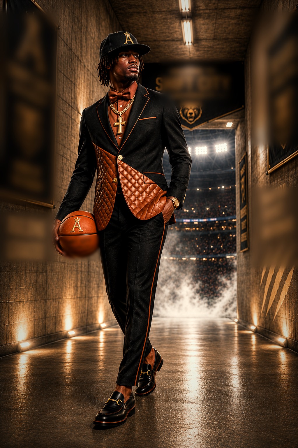 The Sport — the black and cognac tailored look with a quilted panel and the crowned A, worn in the arena tunnel