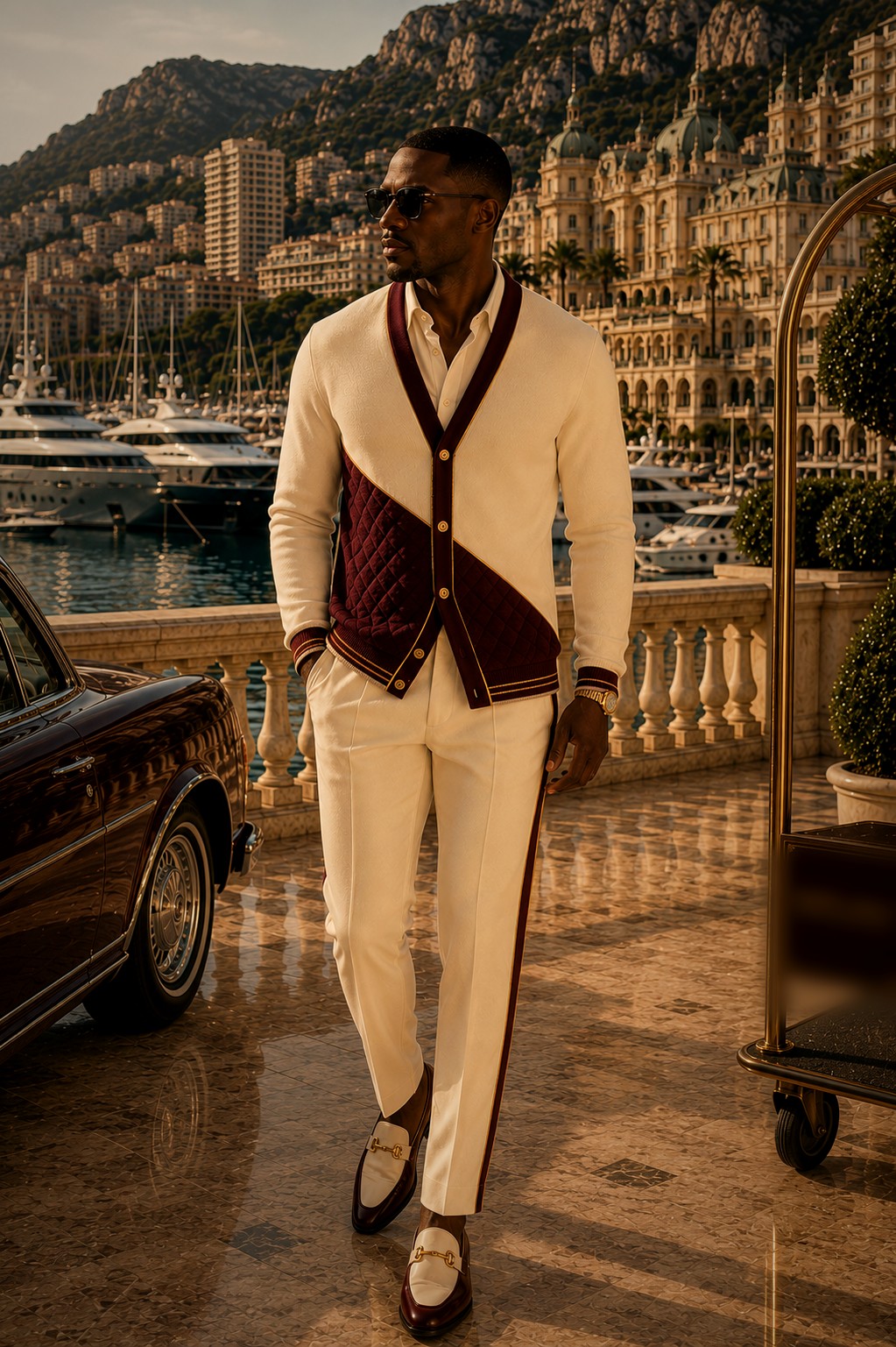 Study — the signature knit cardigan set in cream with an oxblood quilted panel and gold-tipped trim, worn in Monte-Carlo