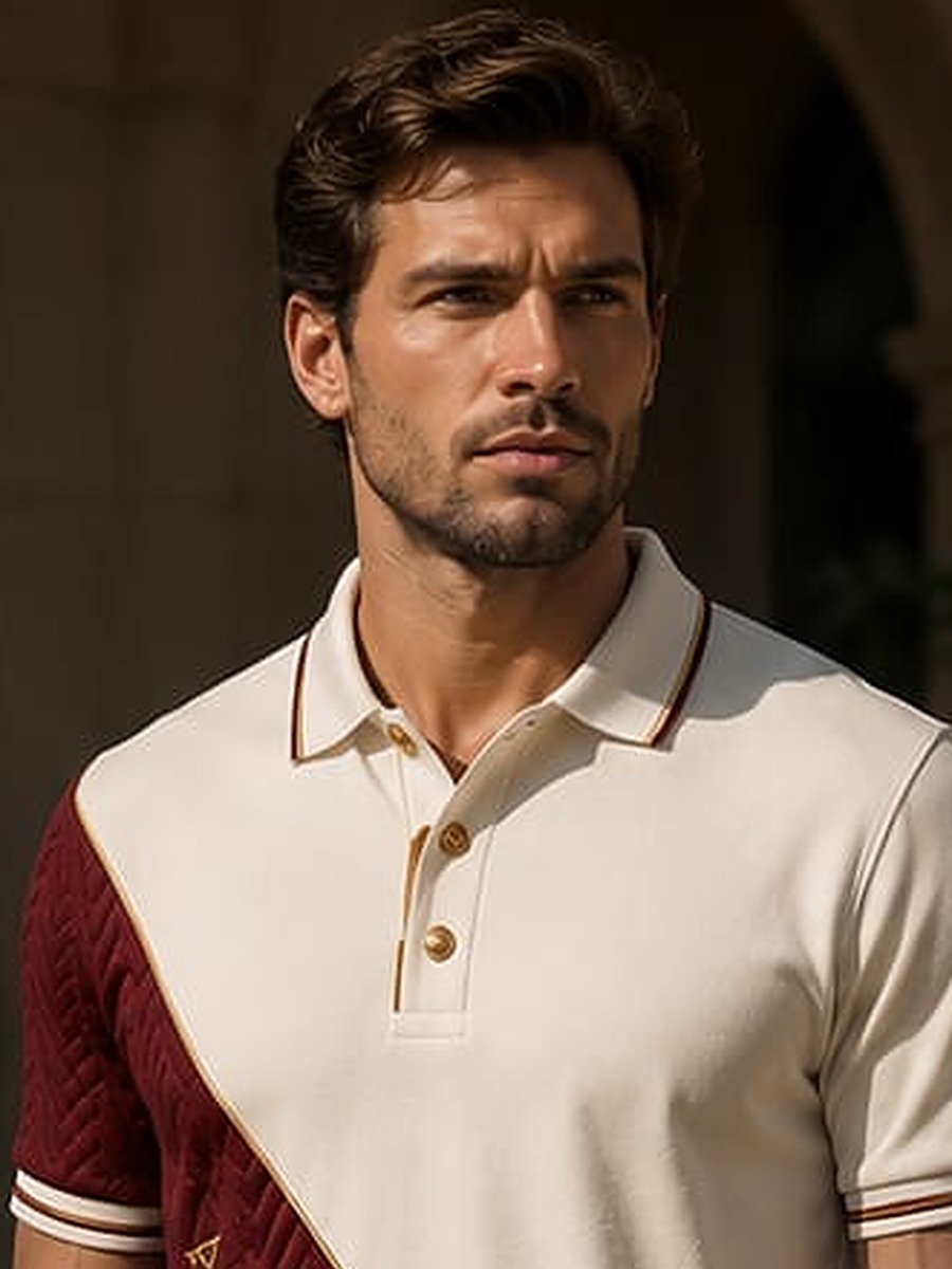 Study — the Signature Polo worn in cream ivory with an oxford-red quilted panel and gold trim