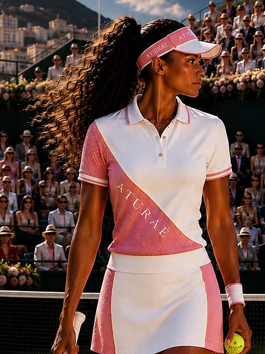 Study — the Monaco tennis look in white and pink with a diagonal sash